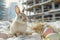 Happy easter bunny Eggs Seasonal Basket. White celebration Bunny Turquoise Summer. Rose Bouquet background wallpaper