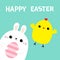 Happy Easter bunny holding striped painting egg. Chicken flying. Rabbit baby chick bird friends forever. Farm animal. Cute cartoon