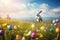 Happy Easter bunny jumping over colorful flowering spring meadow . Generative AI