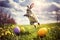 Happy Easter bunny jumping over colorful flowering spring meadow . Generative AI