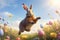 Happy Easter bunny jumping over colorful flowering spring meadow . Generative AI