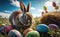 A happy Easter bunny with many colorful easter eggs generative AI