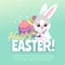 Happy easter bunny poster. Cute white rabbit with easter egg cartoon bunnies greeting celebration vector card