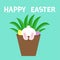 Happy Easter. Bunny rabbit bottom foot leg paw print. Flower pot. Grass and eggs. Cute cartoon kawaii funny baby character. White