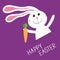 Happy Easter. Bunny rabbit hare carrot in the pocket. Baby greeting card. Violet background. Flat design.