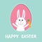 Happy Easter. Bunny rabbit hare holding carrot inside painted egg frame window. Dash line contour. Cute cartoon character. Baby gr