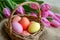 Happy easter cacti Eggs Easter egg challenge Basket. White pollen Bunny Merry. Orange Soda background wallpaper