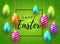 Happy Easter calligraphy background with realistic colored shine decorated eggs and cute doodles. Greeting card trendy