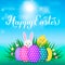 Happy Easter calligraphy hand lettering. Easter eggs on grass, cute cartoon bunny and chicken. Easy to edit vector template for