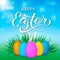 Happy Easter calligraphy lettering. Easter eggs on grass and bunny s ears. Spring holidays vector illustration. Easy to edit