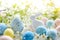 Happy easter camping Eggs Chocolate Bunny Basket. White nest Bunny Turquoise Dew. holiday background wallpaper