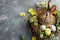 Happy easter caption zone Eggs Daisies Basket. White Digital Painting Bunny rose champagne. Orange Sherbet background wallpaper