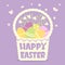 Happy easter card with basket silhouette and color eggs and flowers decoration. Vector tender color style greeting card background