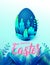 Happy easter card, big 3d nature egg with spring leaves. Text lettering sign for greeting holiday background. Vector