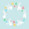 Happy easter card with bunnies and eggs. Minimalist holiday vector illustration design in circular shape