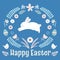 Happy Easter card with bunny and floral wreath. Vector Springtime greetings design.