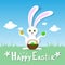 Happy Easter Card Bunny Hold Eggs Basket Spring Landscape Green Grass Rabbit Blue Sky