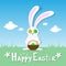 Happy Easter Card Bunny Hold Eggs Near Eyes Basket Spring Landscape Green Grass Rabbit Blue Sky