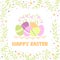 Happy easter card with color eggs and flowers frame decoration. Vector tender color style greeting card background for design