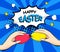 Happy Easter card with color eggs and hands. Comics style
