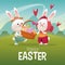 Happy easter card couple bunny basket egg landscape