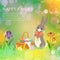 Happy Easter card with cute bunny, baby rabbit and basket with colored eggs, spring grass and bokeh background cartoon