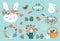 Happy Easter card - cute bunny, eggs, birds and flowers elements, vector illustration