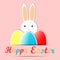 Happy Easter card with cute rabbit, text and Easter eggs, Pink holidays background