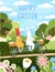 Happy Easter card. Kids postcard design for spring holiday. Cute bunny, fairy rabbit, kawaii fairytale character and