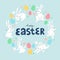 Happy easter card with lettering, bunnies and eggs. Minimalist holiday vector illustration design in circular shape