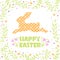 Happy easter card with rabbite silhouette and flowers frame decoration and holiday text. Vector tender color style greeting card