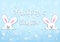 Happy easter card, two funny bunnies on a blue background horizontal vector illustration