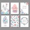 Happy Easter cards set with colorful floral doodle background and decorative eggs.