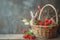 Happy easter carnation Eggs Spring Basket. White Spectrum Bunny copy field. inspirational quote background wallpaper