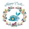 Happy Easter. Cartoon cute folk rabbit with wreath of flowers isolated on a white background with text. Vector