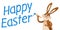 HAPPY EASTER Cartoon Easter bunny with paint brush, blue writing