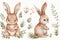 Happy easter charming Eggs Blooming Blossoms Basket. White void area Bunny Celadon. Buttercream background wallpaper