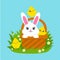 Happy Easter. Cheerful rabbit in a basket on the green grass. Cute chickens. Colored flat vector illustration isolated on blue