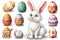 Happy easter cheery Eggs Easter Bunny Magnets Basket. White Eggs nest Bunny turquoise cove. badge background wallpaper