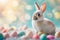 Happy easter cheery Eggs Meadow Basket. White Eternal life Bunny turquoise sunset. badge background wallpaper