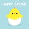 Happy Easter chicken in Egg shell. Cute cartoon funny kawaii baby character. Flat design. Greeting card. Blue pastel color