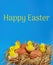 Happy Easter chickens and eggs in a nest of straw. Happy Easter inscription. Easter blue background, place to copy.