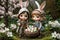 Happy Easter, children with a basket of Easter eggs in a magical forest, cartoon style illustration