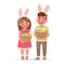 Happy easter. Children with baskets full of eggs. A boy and a girl dressed in rabbit ears