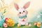 Happy easter chipper Eggs Eggciting Bunny Basket. White eggshell Bunny fuzzy toy. Christianity background wallpaper