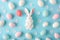 Happy easter chocolate bunny Eggs Easter flowers Basket. White floral arrangement Bunny heartening. eclectic background wallpaper