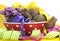 Happy Easter chocolate Easter eggs and bunny rabbit hamper with colorful polka dot and stripe ribbon in red polka dot bowl