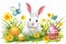 Happy easter Chocolate eggs Eggs Easter bonnet Basket. White Turquoise Beach Bunny Fur. Wiggly background wallpaper