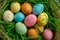 Happy easter Christmas Card Eggs Easter scene Basket. White Egg dyeing Bunny Fluffy. Easter theme background wallpaper