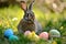 Happy easter church Eggs Bright Basket. Easter Bunny sky blue texture. Hare on meadow with easter eggs easter background wallpaper